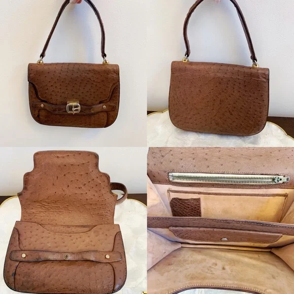 Vintage Brown Ostrich Leather Small Purse Bag
